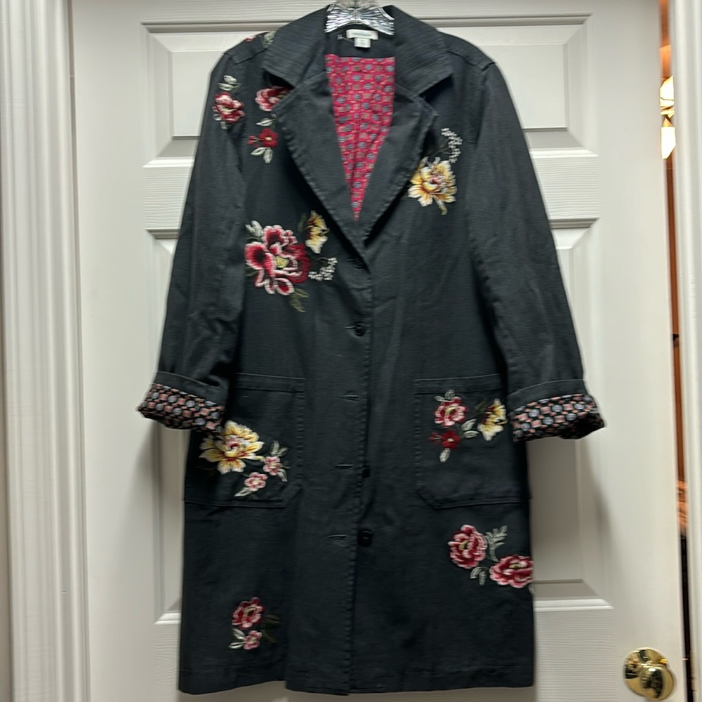Sundance long gray denim embroidered jacket car SMALL floral lined button front - Picture 2 of 3